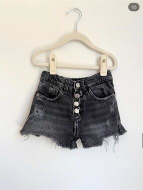 Zara Kids Black Washed Distressed Button-Fly Denim Shorts (Size 7)